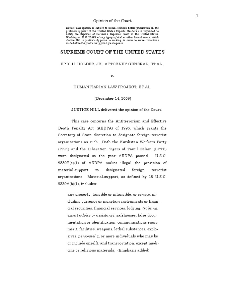 Opinion of The Court Holder V Humanitarian Law Project PDF First