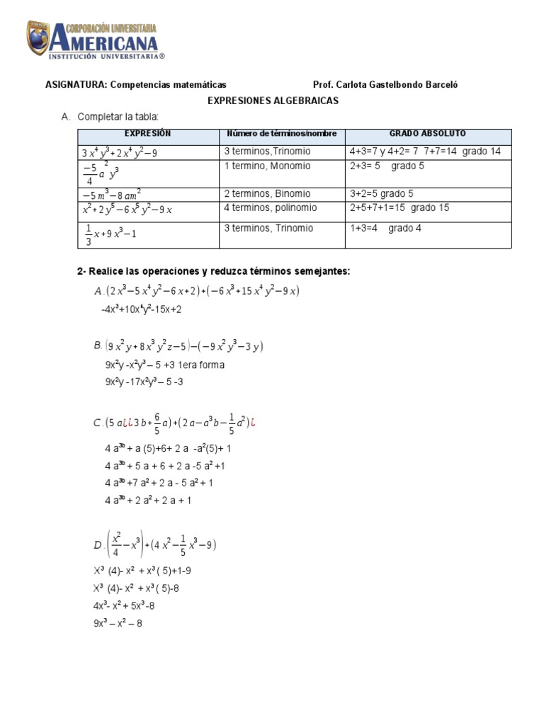Taller - Expresiones Algebraicas - Operaciones | PDF