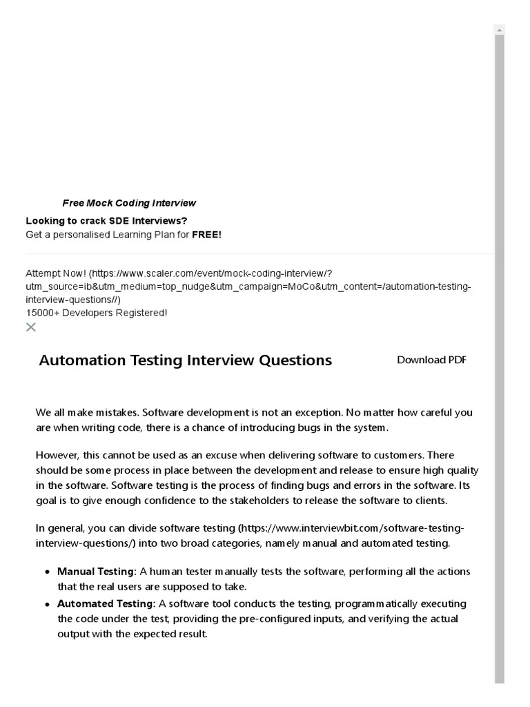 30+ Top Automation Testing Interview Questions and Answers (2021) -  InterviewBit | PDF | Software Testing | Selenium (Software)