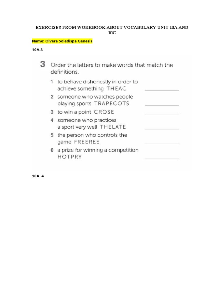 Exercises From Workbook About Vocabulary Unit 10A and 10C | PDF