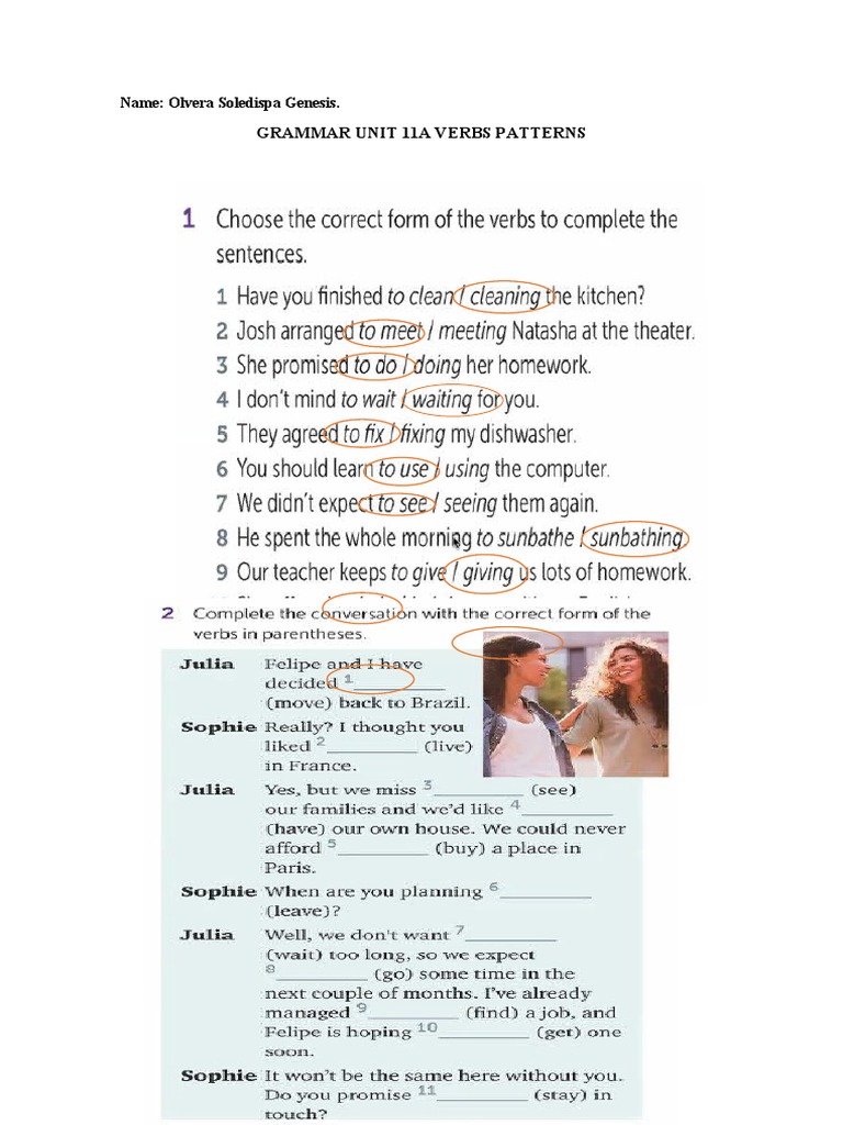 Grammar Unit 11a Verbs Patterns Name Olvera Soledispa Genesis Pdf