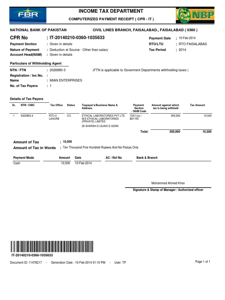 CPR Payment Receipt for Tax Withholding | PDF | Payments | Economies