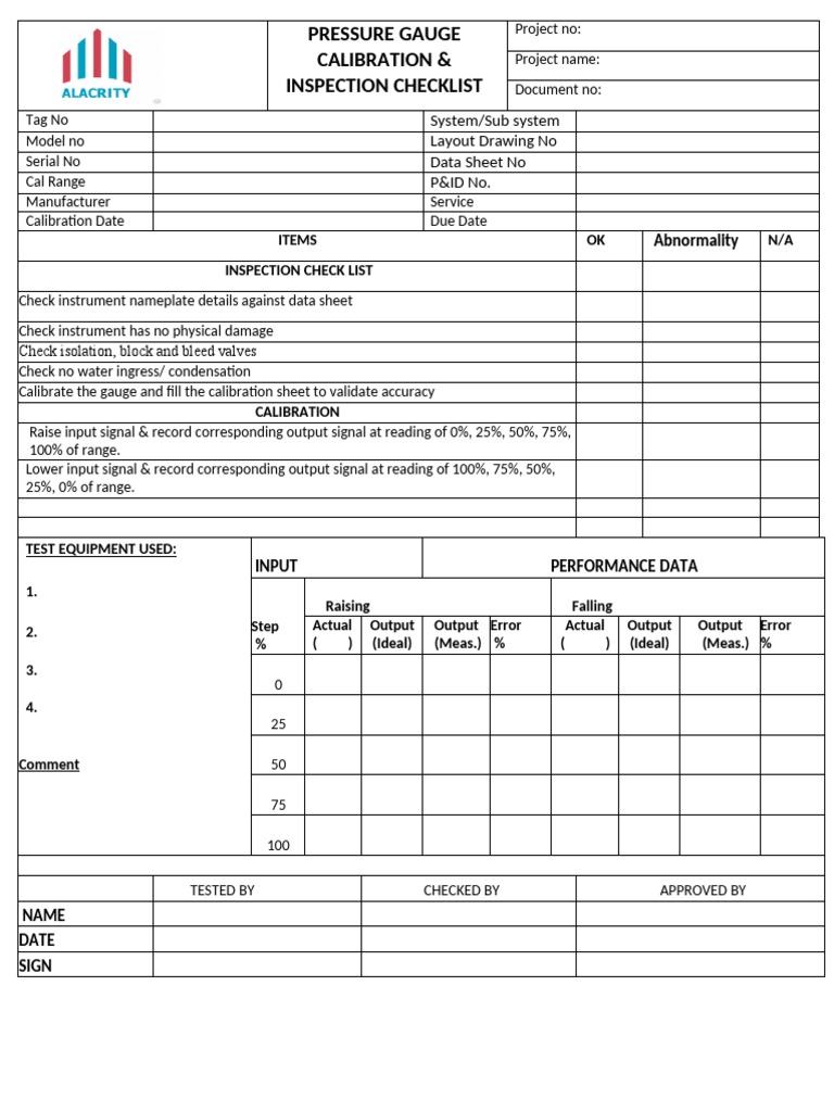 Pressure Gauge Calibration & Inspection Checklist Abnormality PDF