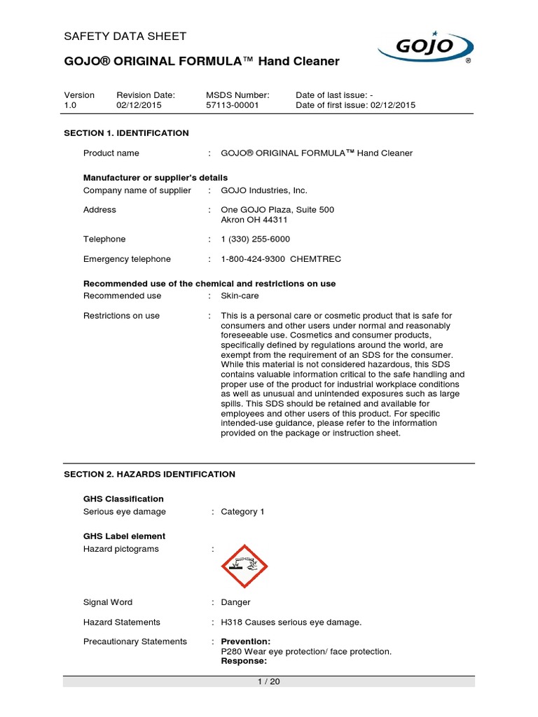 GOJO HandCleaner MSDS | PDF | Toxicity | Chemistry