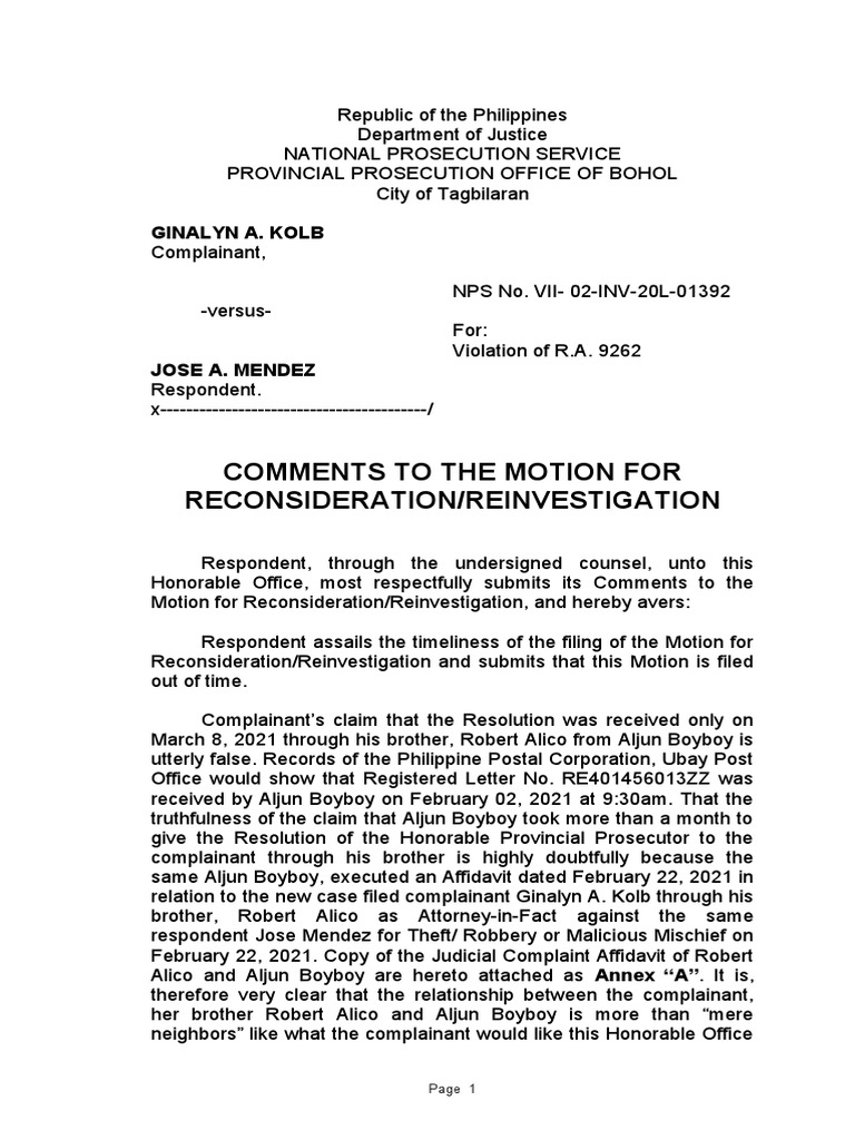 Comments on Motion for Reconsideration | PDF | Prosecutor | Evidence