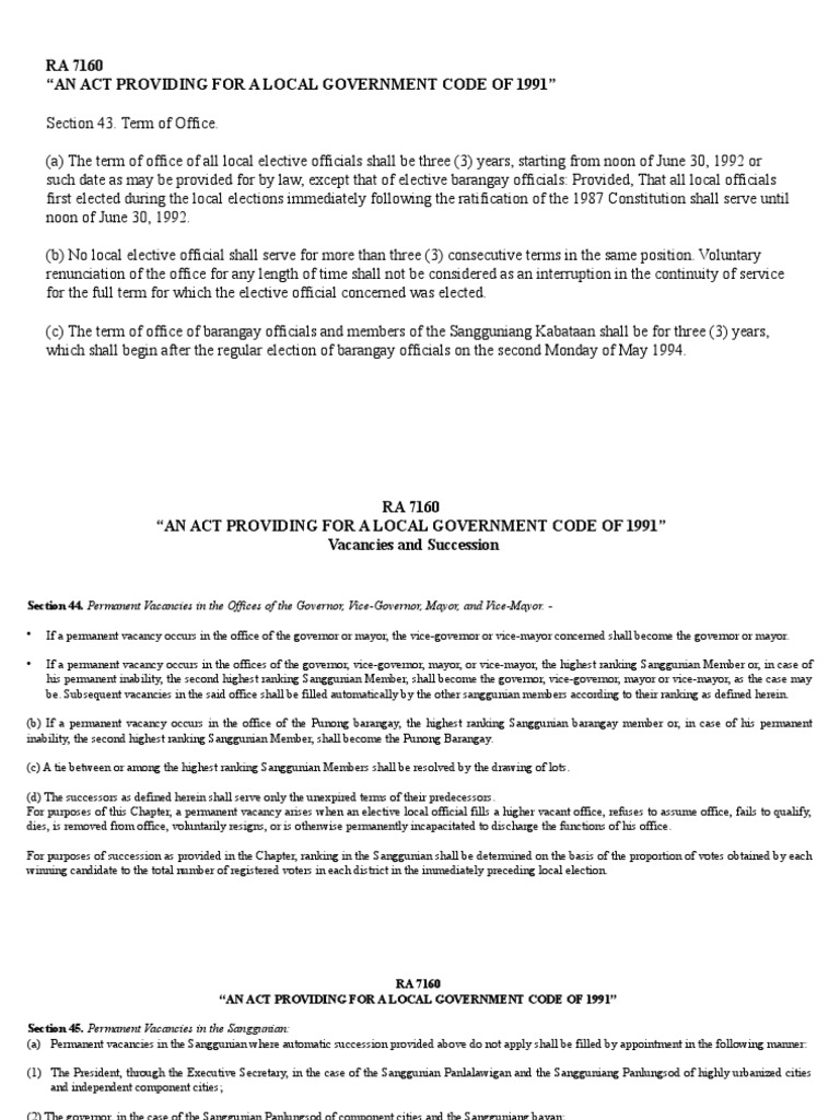 RA 7160: Local Government Vacancies | PDF | Social Science | Social ...