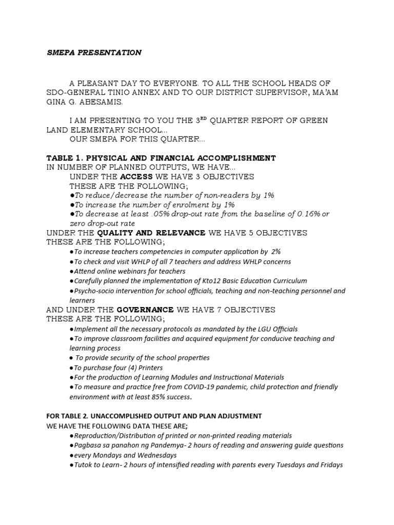 SMEPA 3rd Quarter Report Overview | PDF | Teachers | Schools