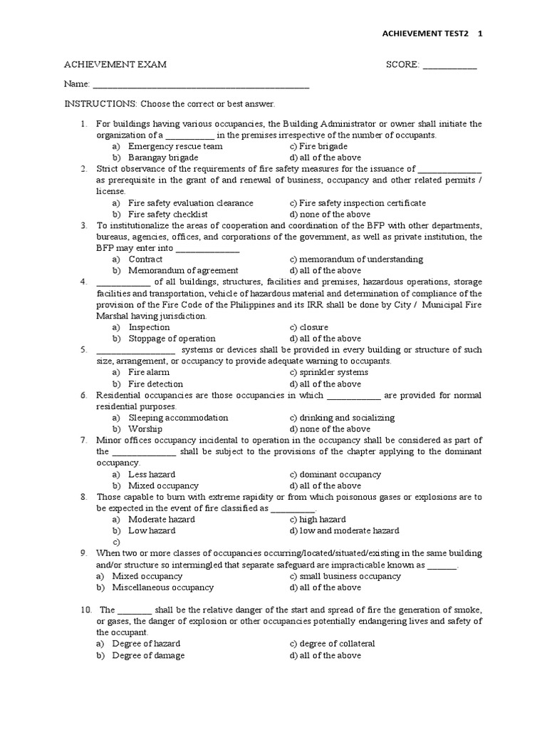 Fire Safety Achievement Test Guide | PDF | Fire Safety | Hazards