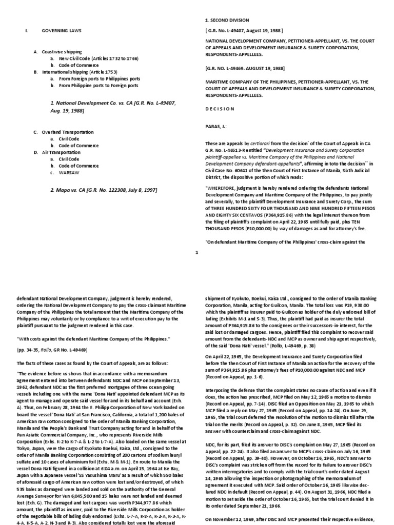 Analysis of Governing Maritime Laws and Facts of Two Court Cases Regarding Cargo Loss During