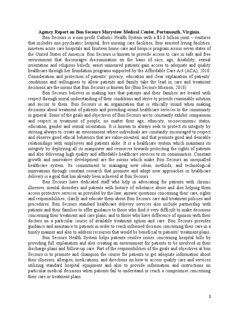 Agency Report On Bon Secours Maryview Medical Center, Portsmouth