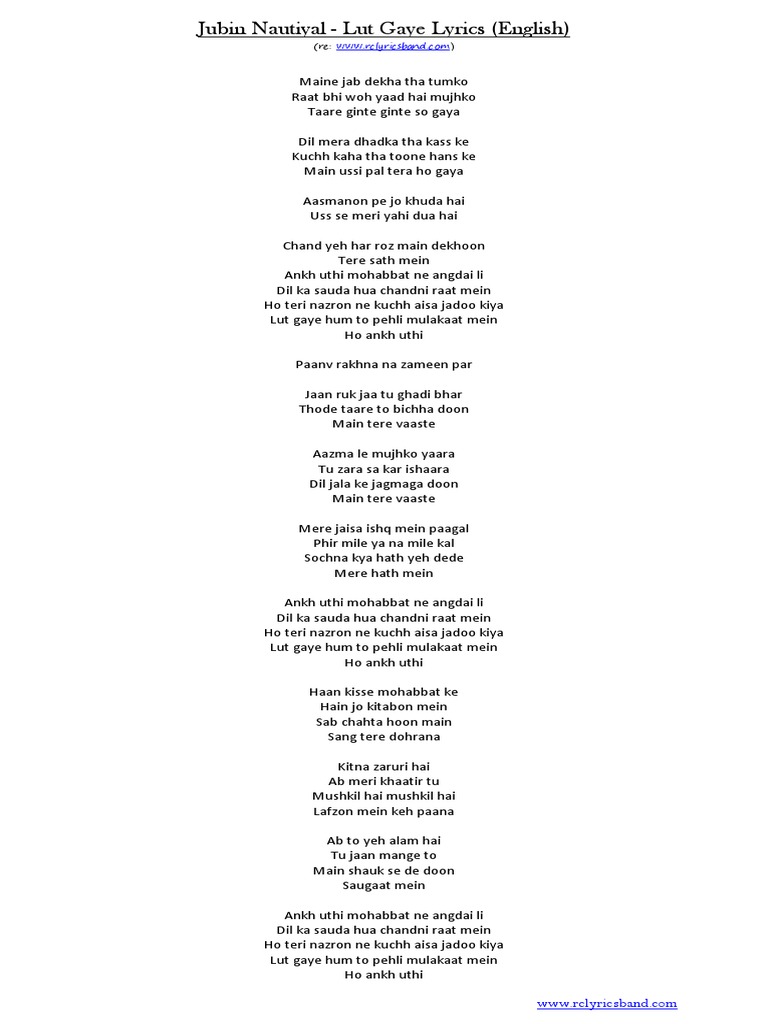 Jubin Nautiyal Lut Gaye Lyrics (English + Hindi) PDF PDF