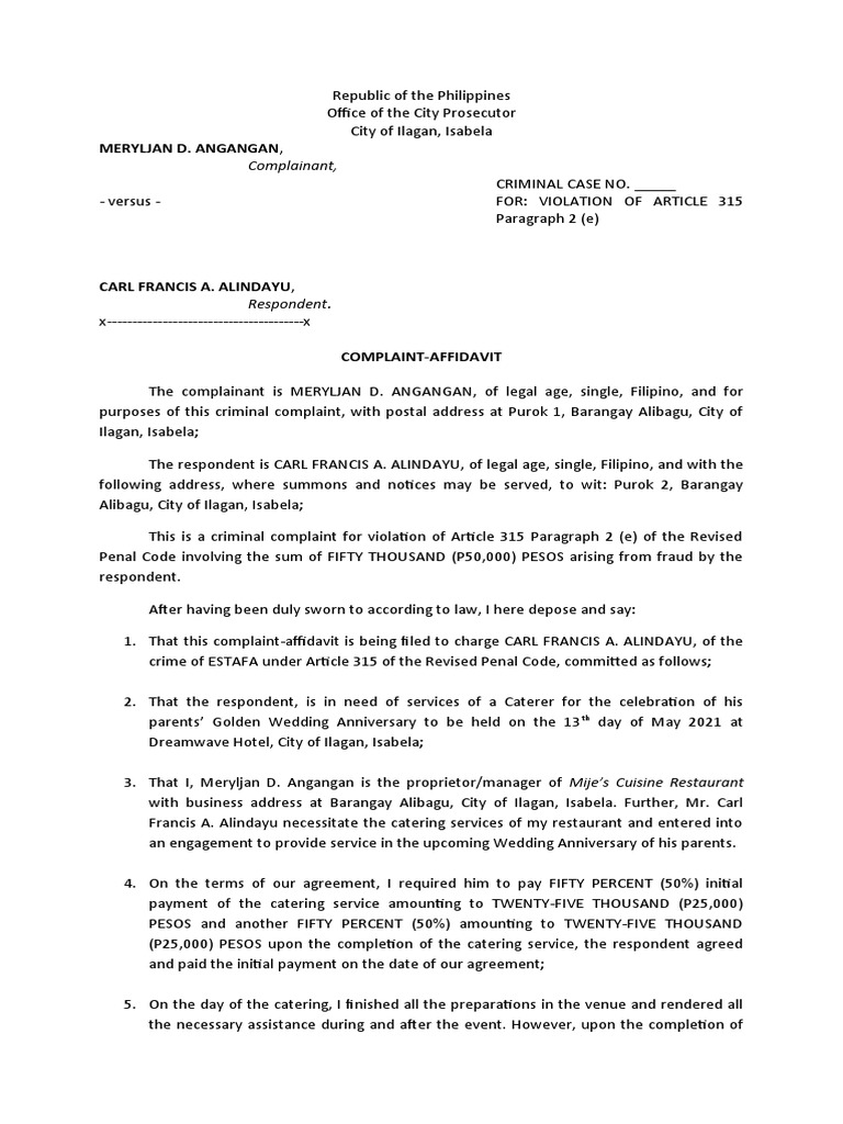 Estafa Complaint Under Article 315 | PDF | Fraud | Justice
