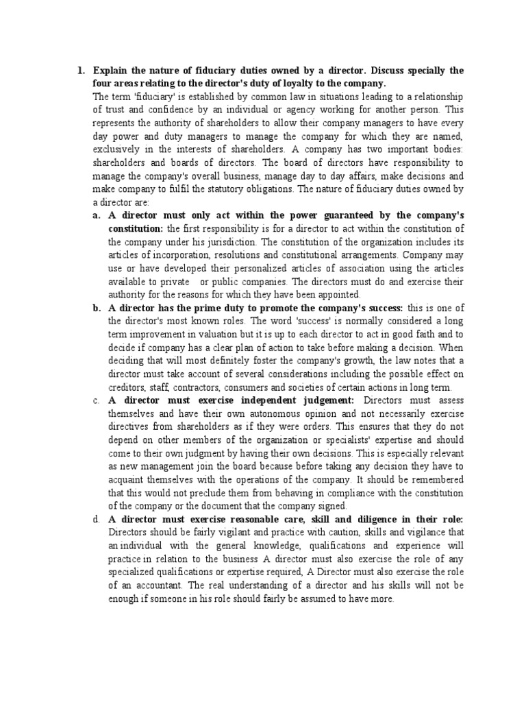 The Fiduciary Duties of Company Directors and the Distinctions Between