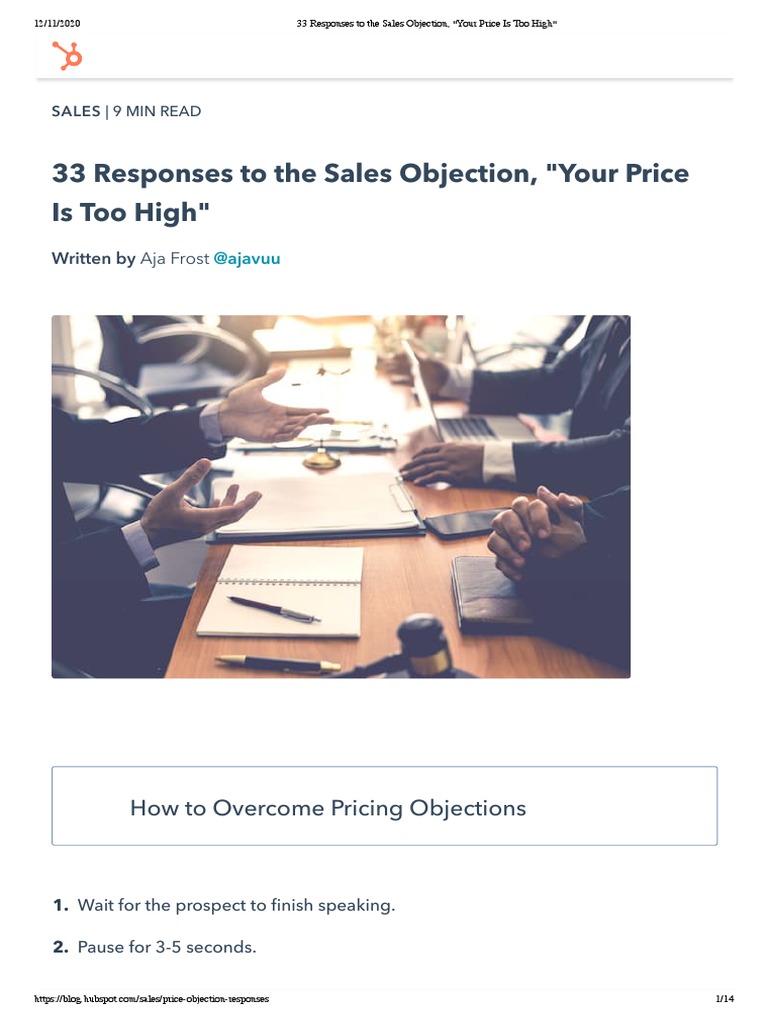 33 Responses To The Sales Objection, - Your Price Is Too High | PDF ...
