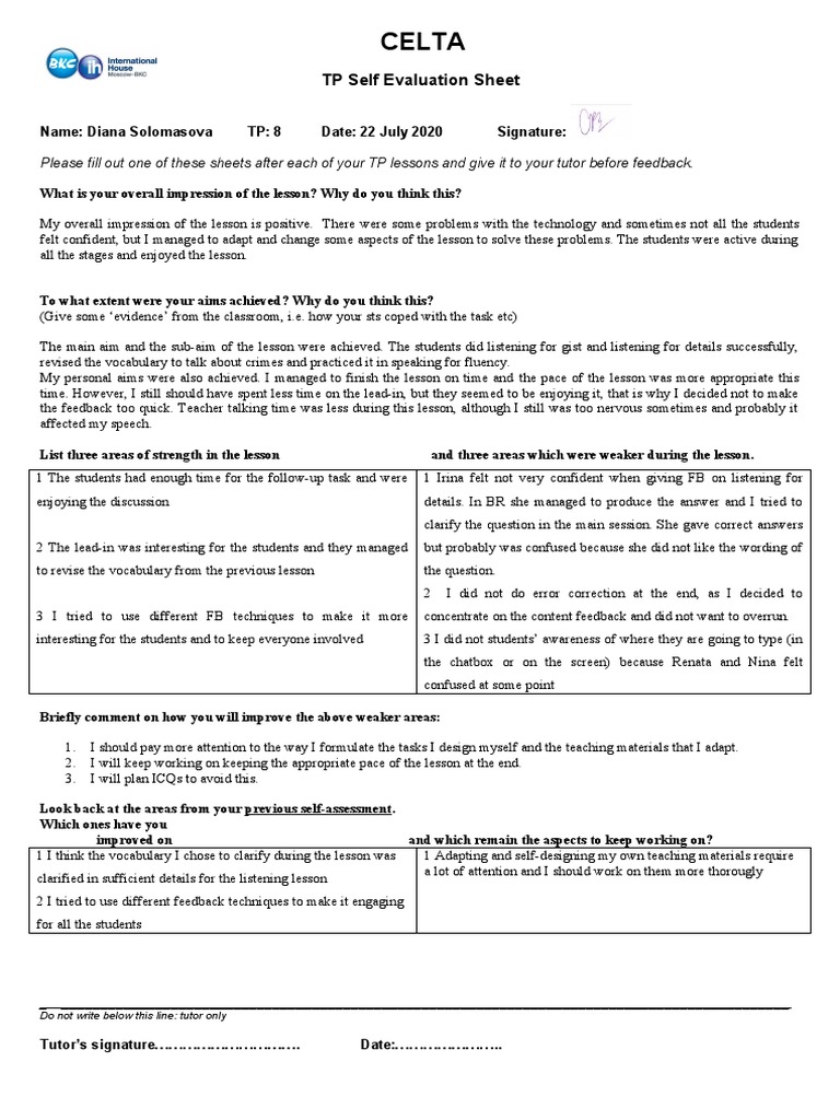 TP 8 Self Evaluation Diana Solomasova | PDF | Pedagogy | Human ...