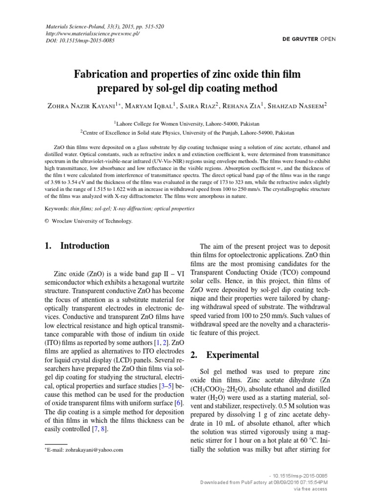 Fabrication and Properties of Zinc Oxide Thin Film | PDF | Zinc Oxide ...