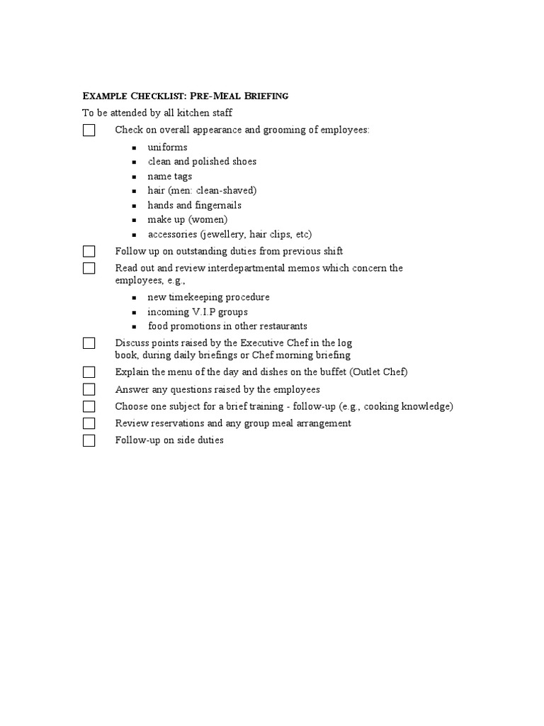 Check List Kitchen For Supervisor PDF Chef Kitchen