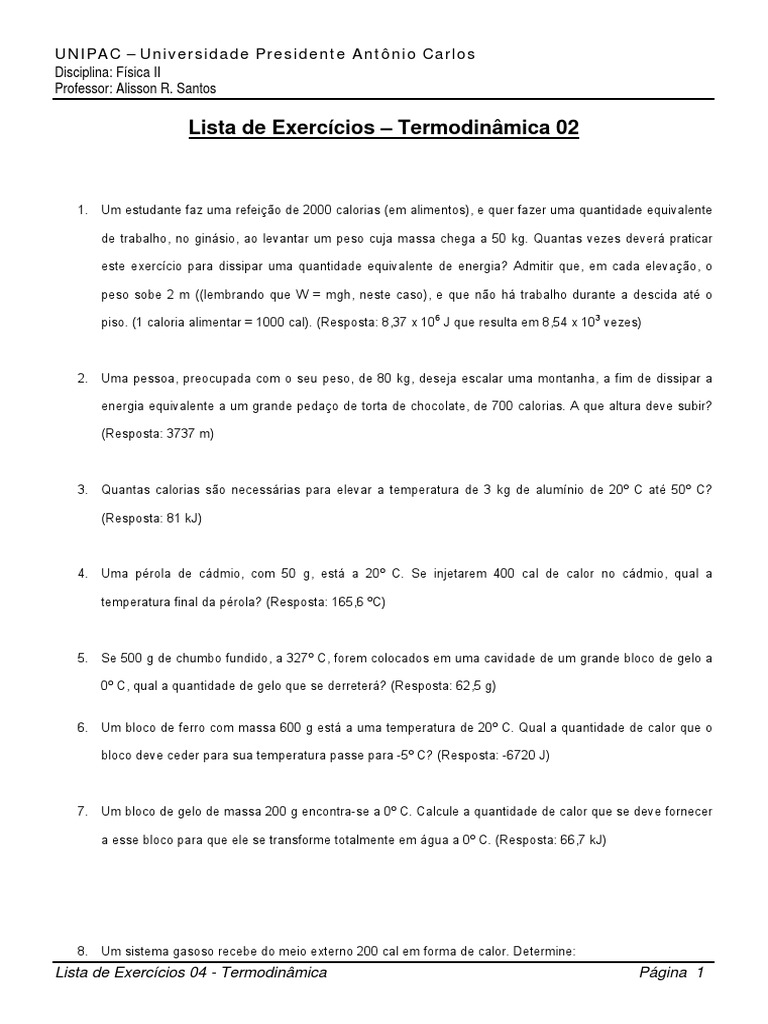 Exercícios de Calorimetria em Física II | PDF | Calor | Temperatura