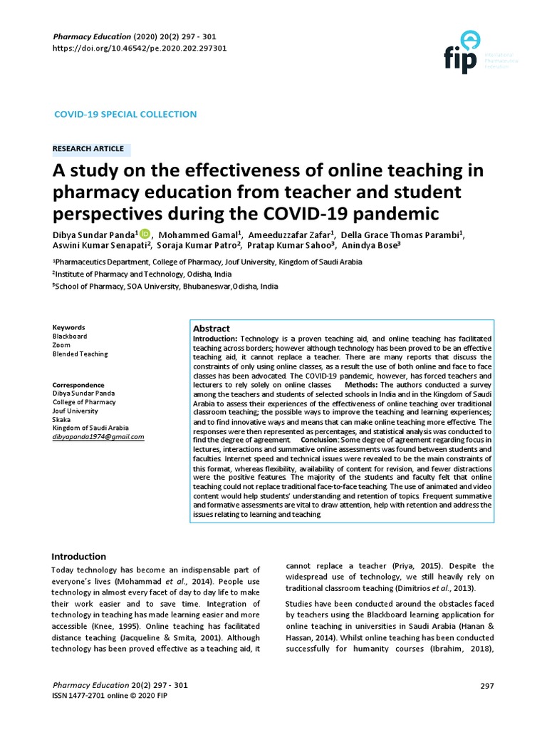 A Study On The Effectiveness of Online Teaching in Pharmacy Education ...