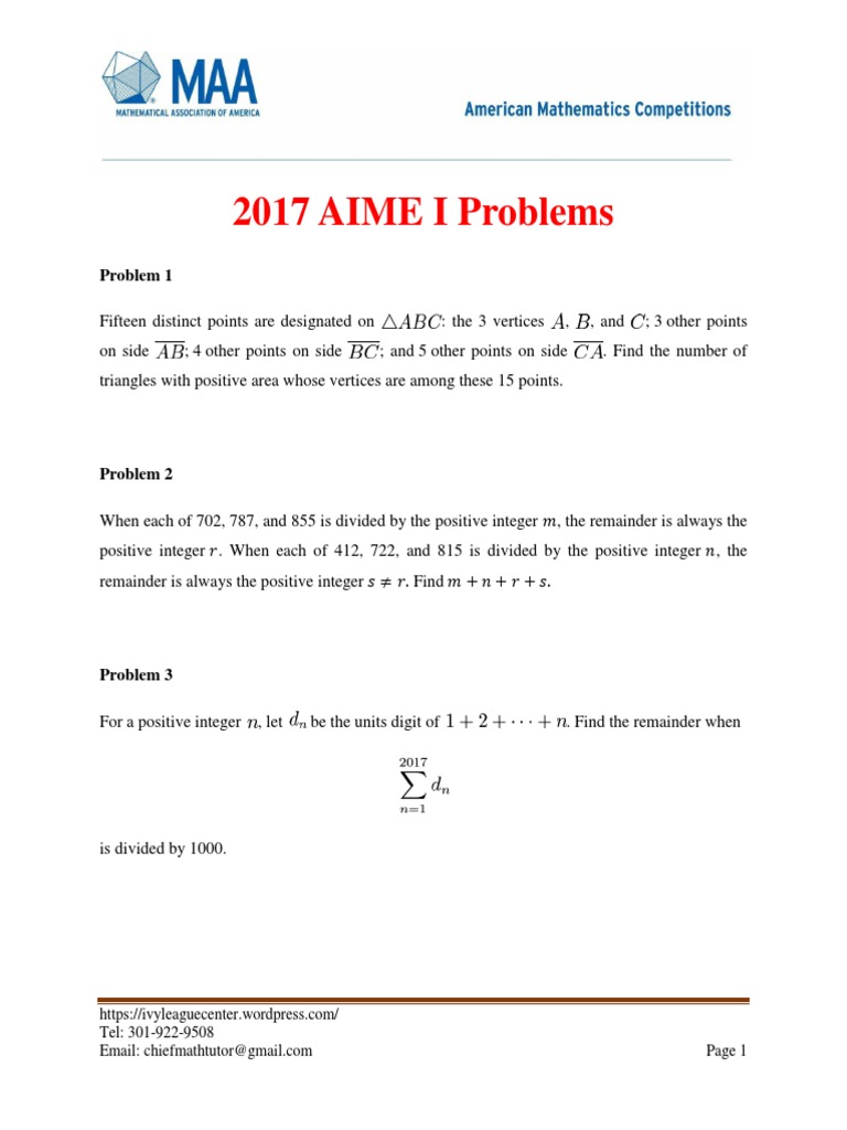 2017 AIME I Problems A Collection of 15 Challenging Number Theory and
