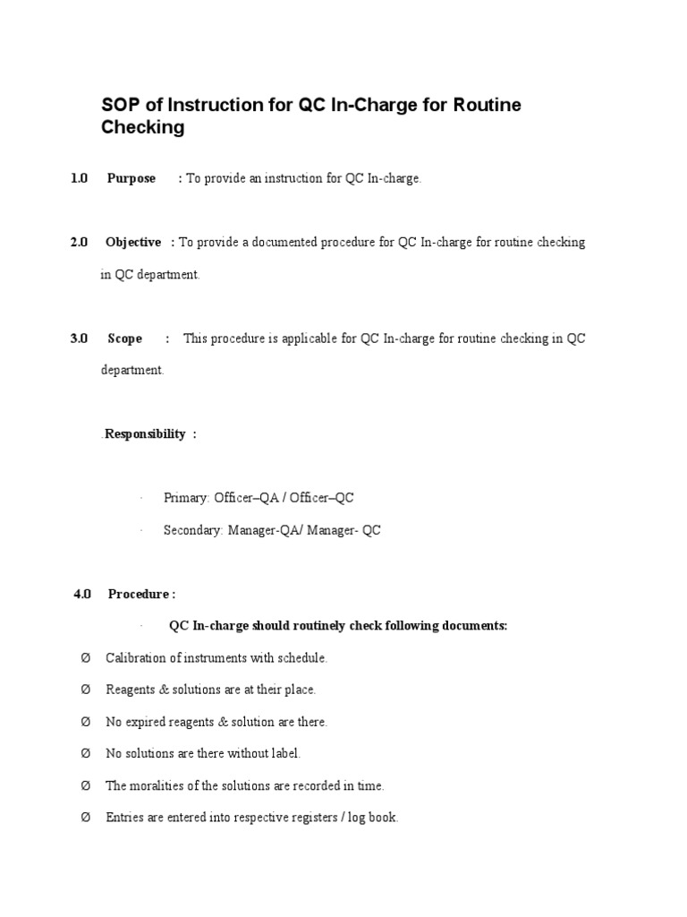 Instruction For QC In-Charge For Routine Checking | PDF | Science ...