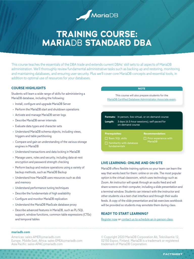 Mariadb Standard Dba Training - Factsheet - 1074 | PDF | Databases | Backup