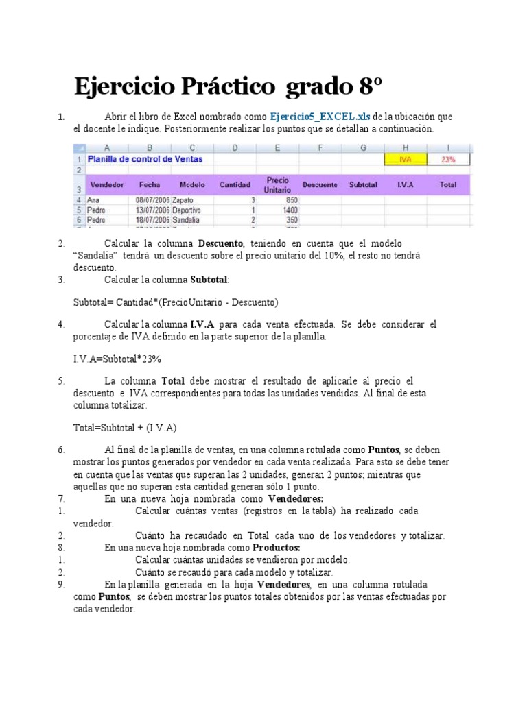 Ejercicio de Excel para 8° Grado | PDF | Negocios | Finanzas y dinero