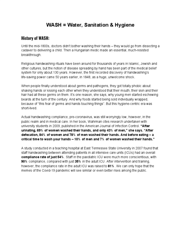 WASH Water, Sanitation & Hygiene PDF Hand Washing Wash