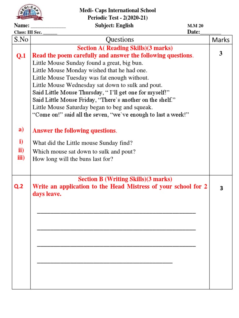 Grade 3 English Test | PDF | Linguistics