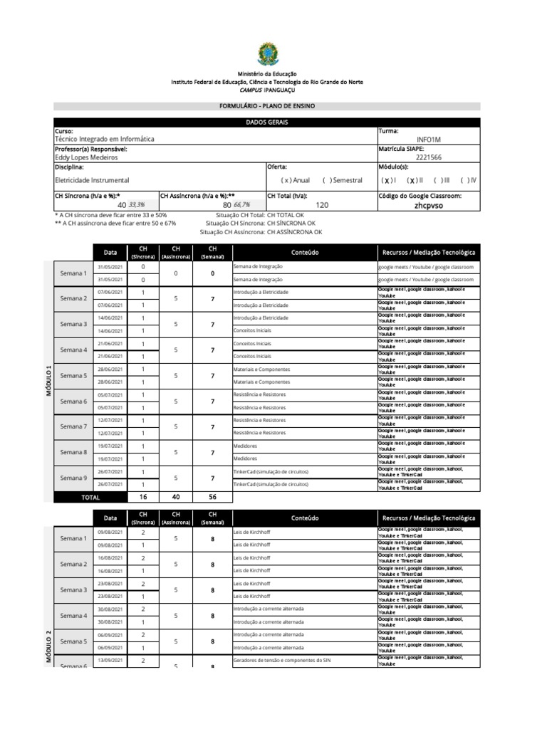 Plano de Ensino: Eletricidade Instrumental | PDF | Lição | Resistor
