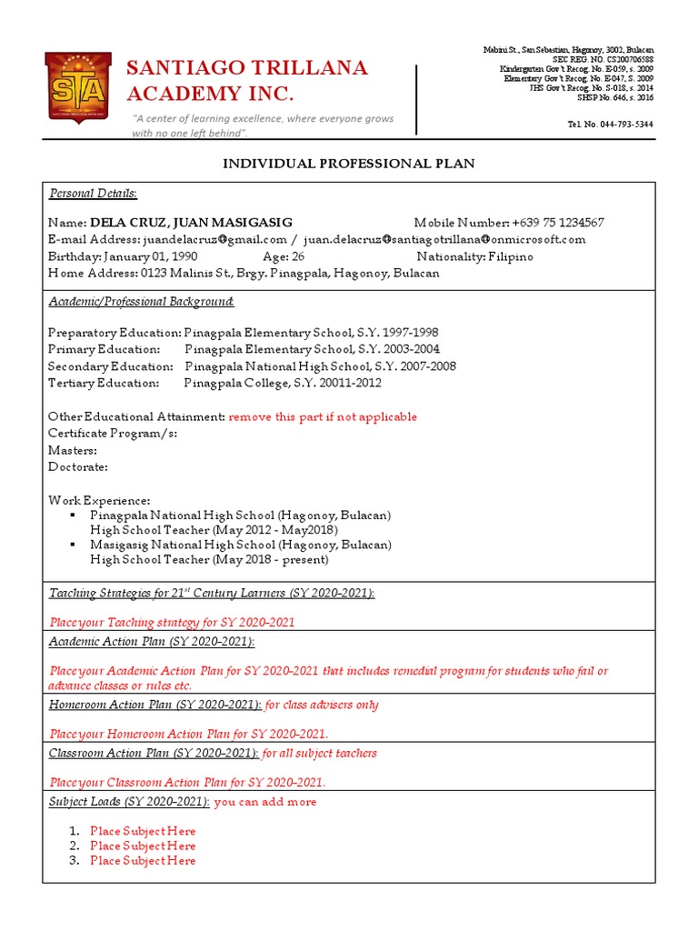 Individual Professional Plan Template | PDF | Teachers | Education Theory