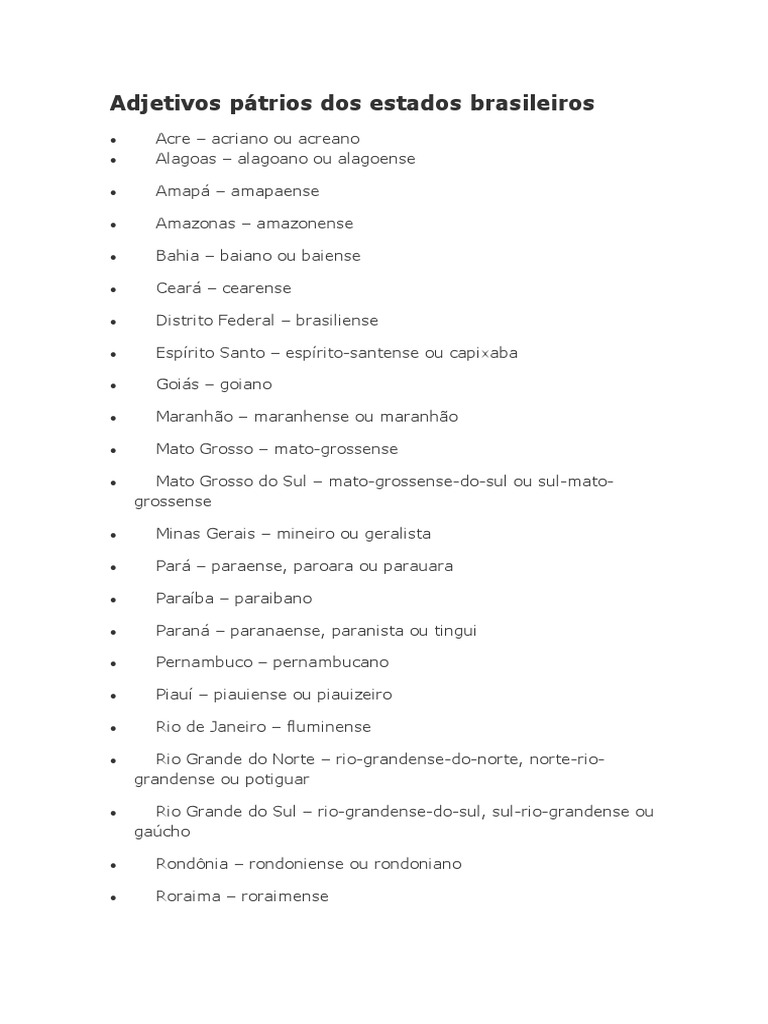 Adjetivos Pátrios Dos Estados Brasileiros - Gramática - Sacconi | PDF