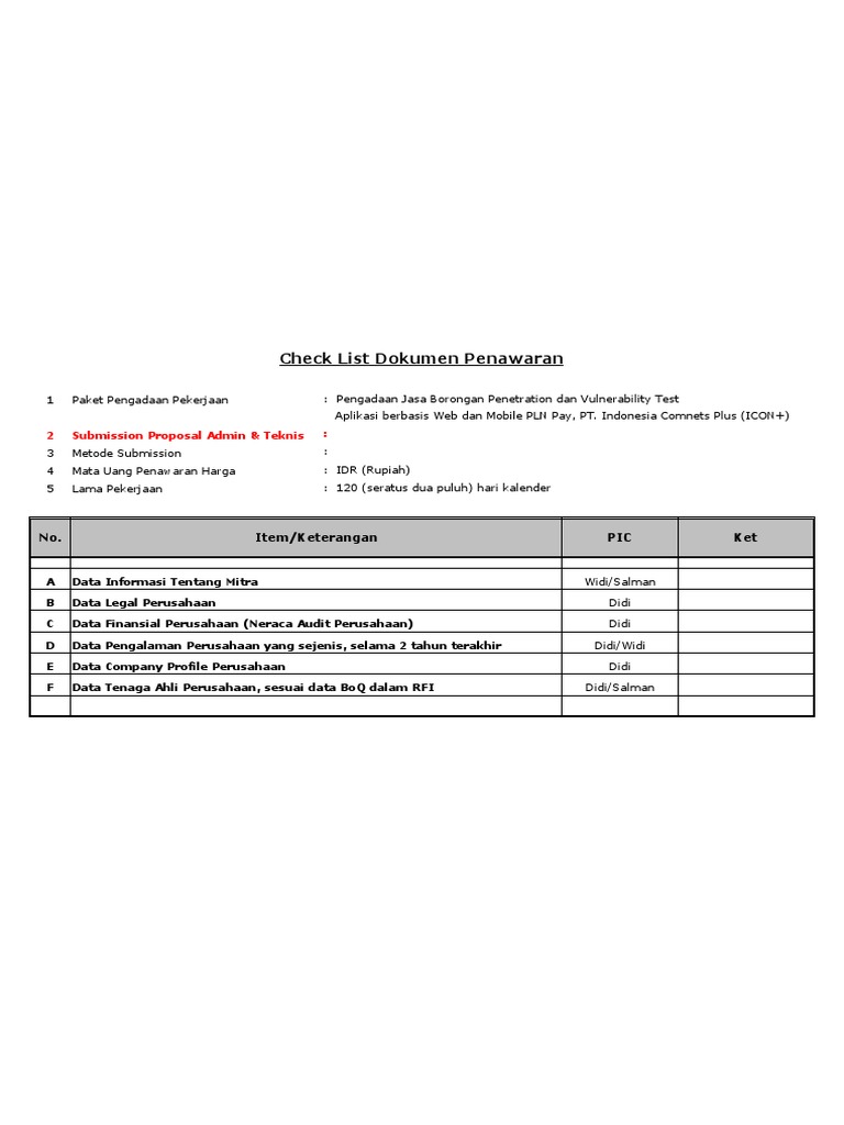 Check List Dokumen ICON+ - Pentest | PDF