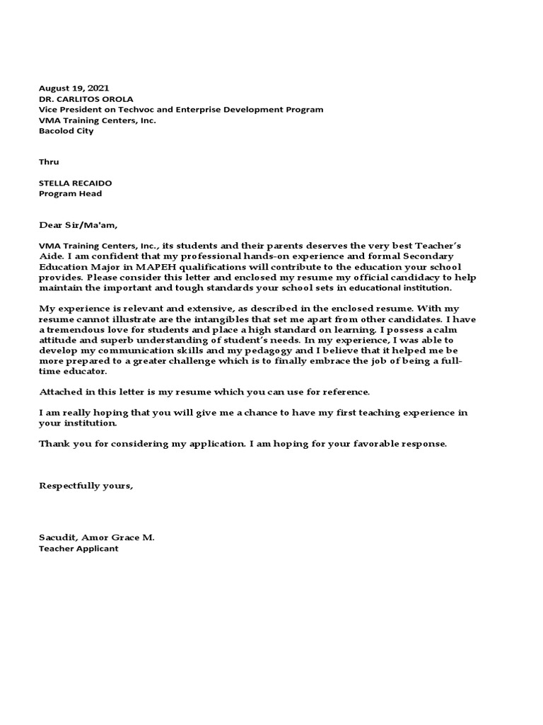 Application Letter X VMA | PDF | Wellness