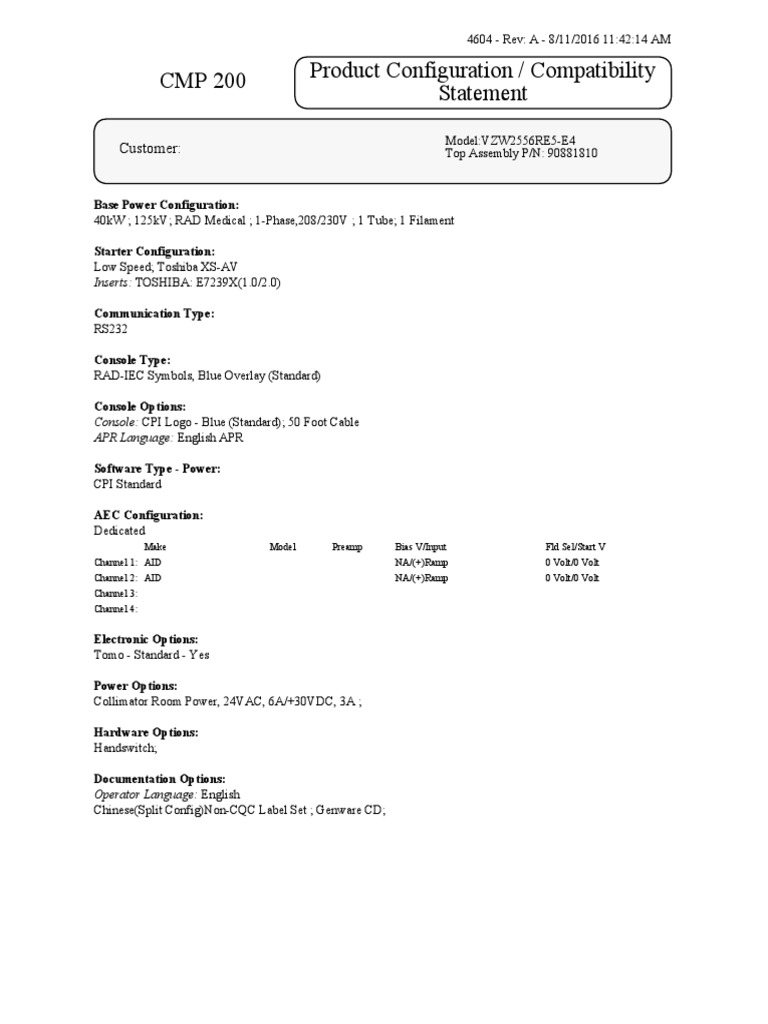Product Configuration / Compatibility Statement CMP 200: Customer | PDF ...