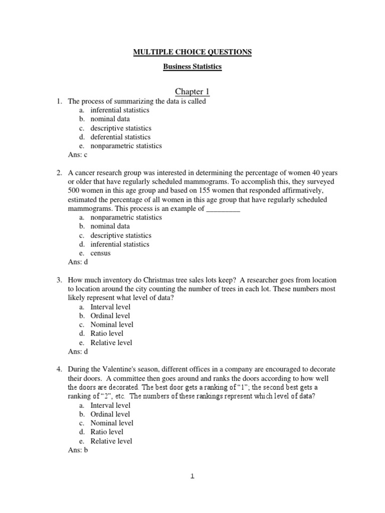 Multiple Choice Questions Business Statistics | PDF | Probability ...