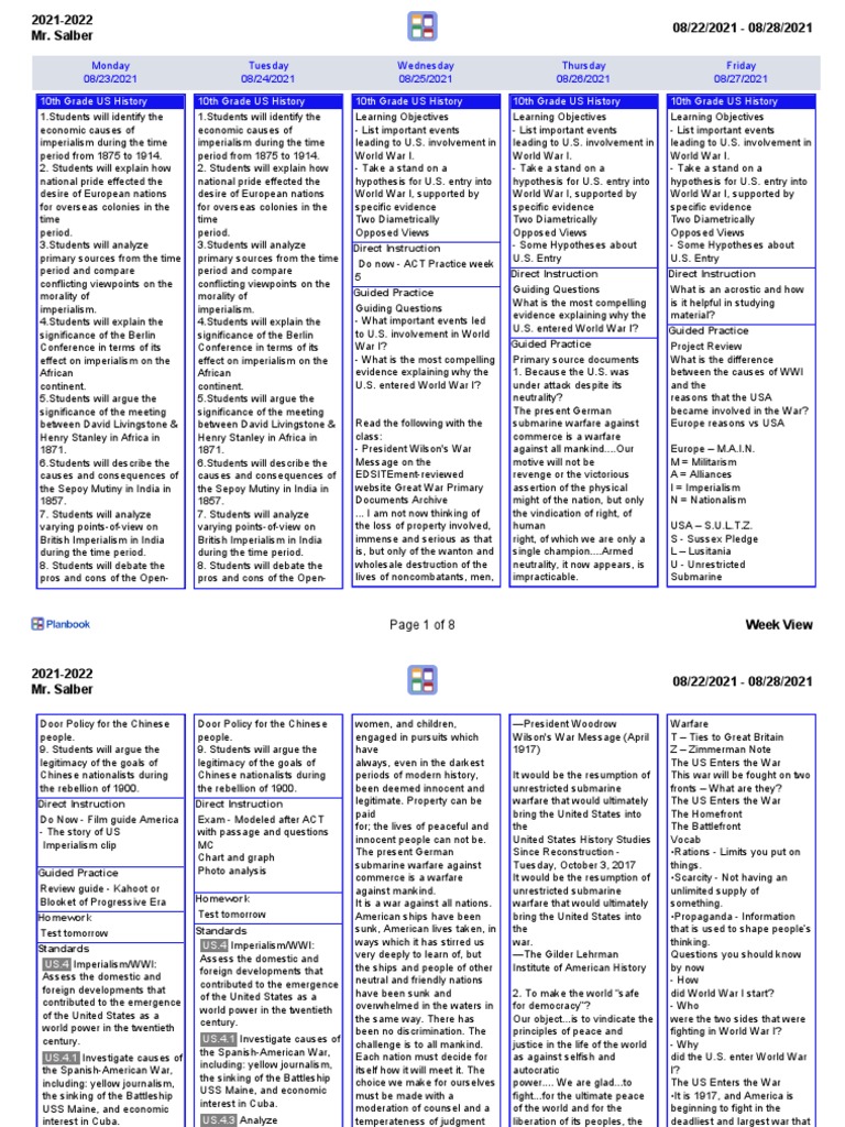 10th Grade US History Lesson Plans Week 5 | PDF | Woodrow Wilson ...