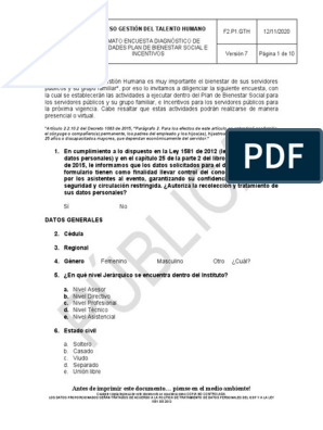 Pimses - f2.p1.Gth Formato Encuesta Diagnostico de Necesidades Plan de Bienestar  Social e Incentivos v7 | PDF | Teletrabajo | Bienestar