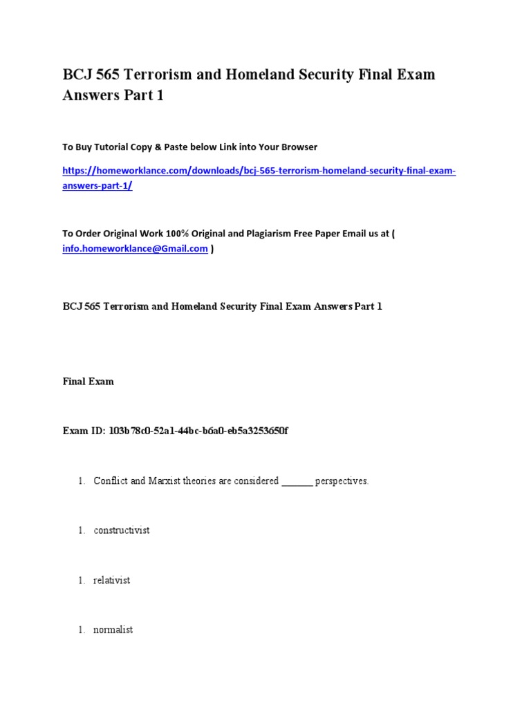 BCJ 565 Terrorism and Homeland Security Final Exam Answers Part 1 PDF