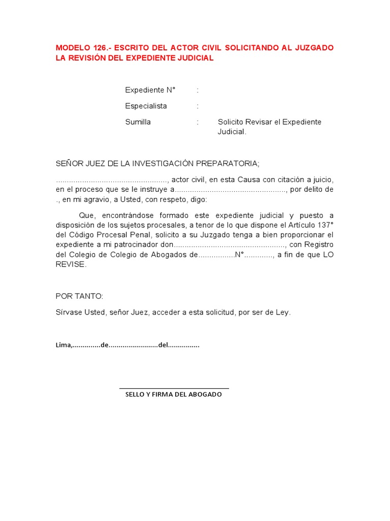 Modelo 126. - Escrito Del Actor Civil Solicitando Al Juzgado La Revisión  Del Expediente Judicial | PDF