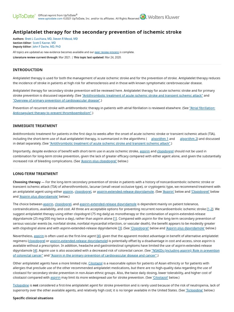 Antiplatelet Therapy For The Secondary Prevention of Ischemic Stroke
