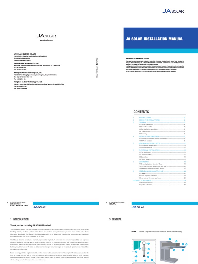 JA Module Installation Manual | PDF | Photovoltaics | Solar Panel