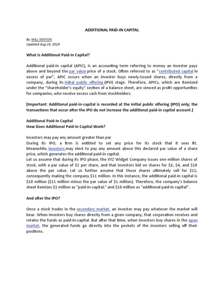 What Is Additional PaidIn Capital PDF Stocks Capital Surplus