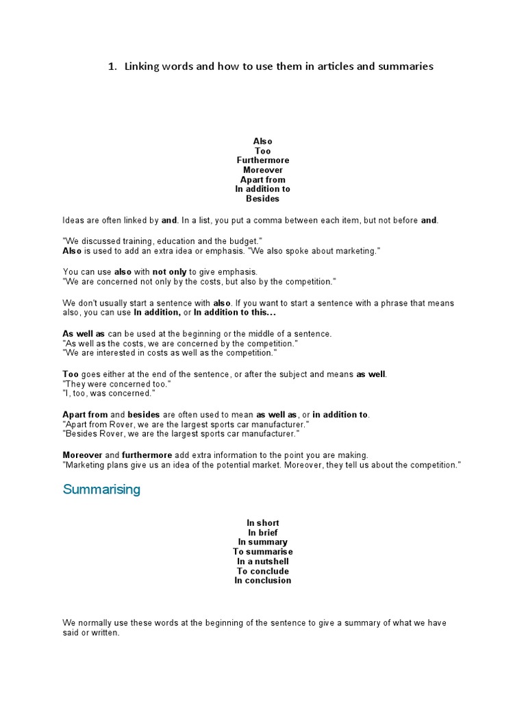 Summary and Linking Words | PDF | Sentence (Linguistics) | Economies