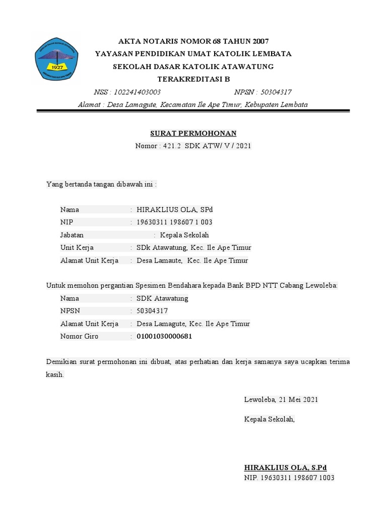 Surat Permohonan Perubahan Specimen Bank PDF