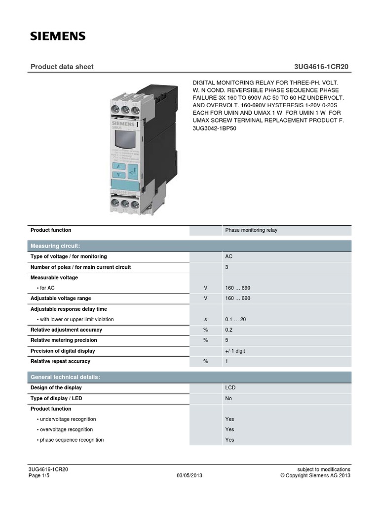 Product Data Sheet 3UG4616-1CR20: Measuring Circuit | PDF | Alternating ...