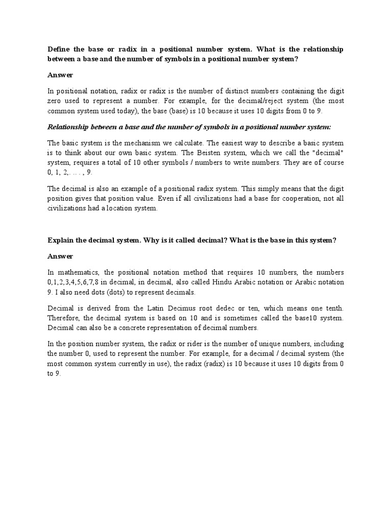 Define The Base or Radix in A Positional Number System PDF