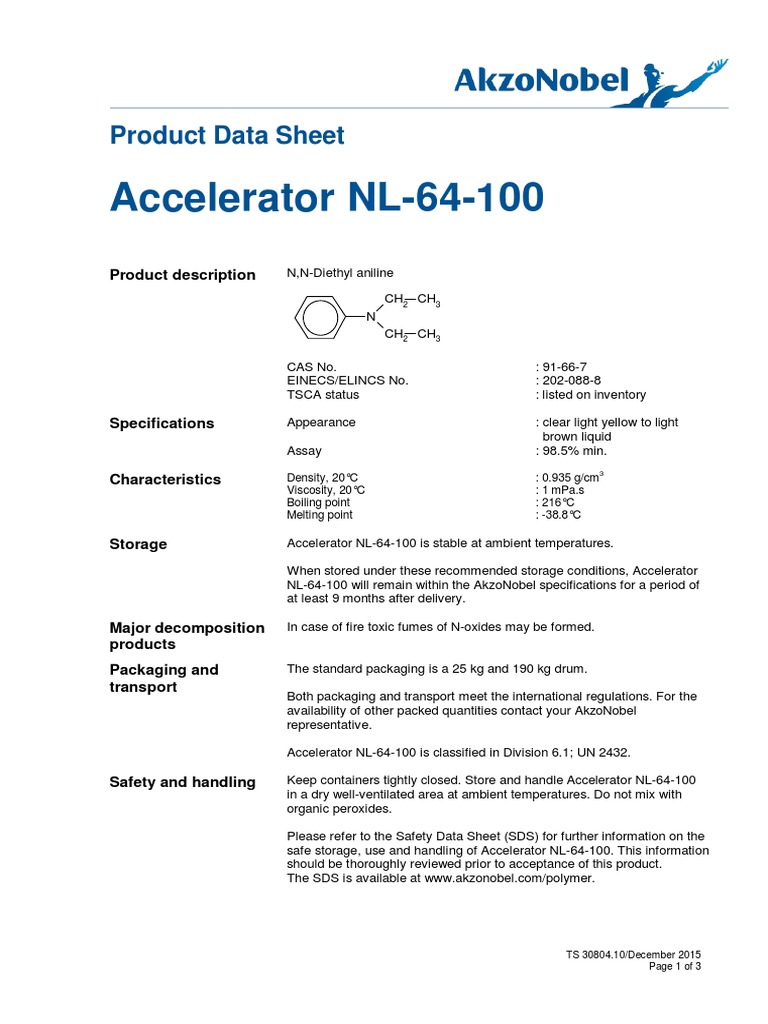 Accelerator Nl 64 100 Product Data Sheet Pdf Polyester Amine