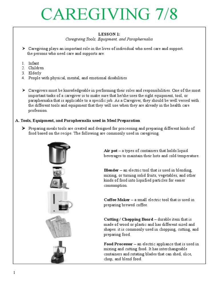 Caregiving Tools, Equipment, and Paraphernalia PDF Cookware And