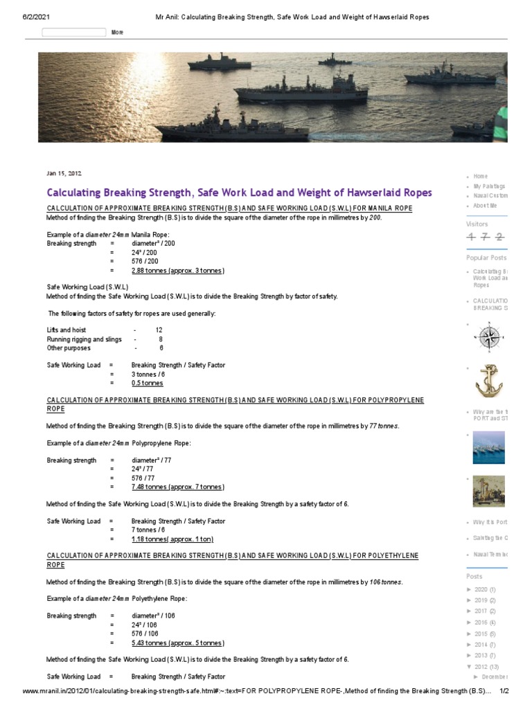 Calculating Breaking Strength, Safe Work Load and Weight of Hawserlaid